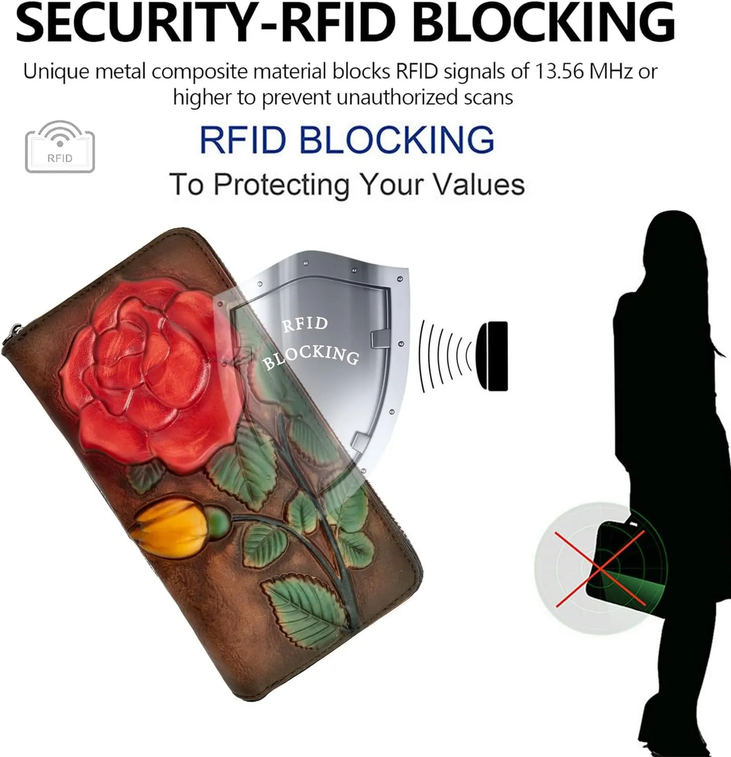 Wallet Genuine Leather for Women - with RFID Blocking Card checkbook ID Slot Large Capacity Vintage style (big rose coffee)