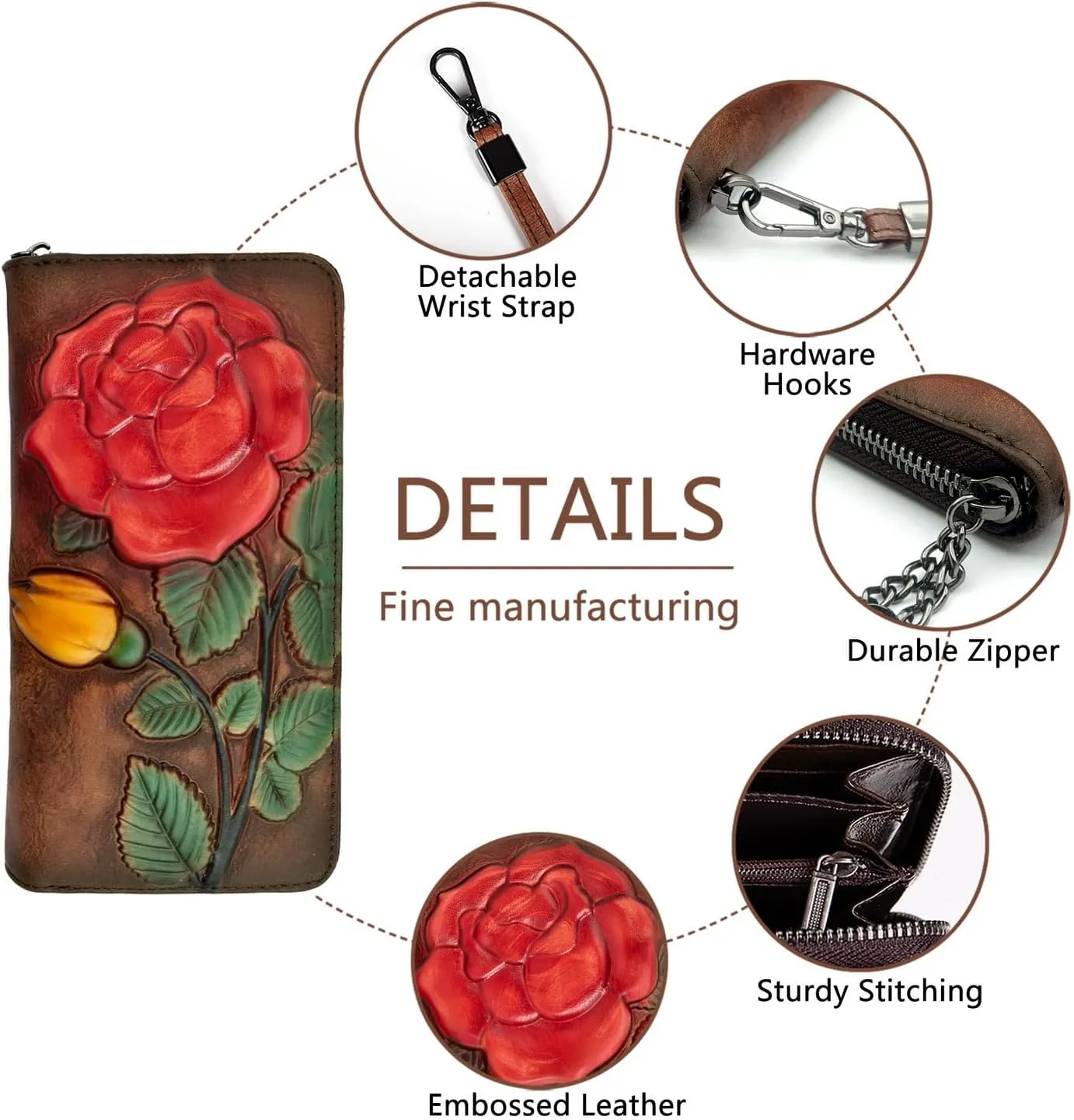 Wallet Genuine Leather for Women - with RFID Blocking Card checkbook ID Slot Large Capacity Vintage style (big rose coffee)