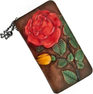 Wallet Genuine Leather for Women - with RFID Blocking Card checkbook ID Slot Large Capacity Vintage style (big rose coffee)