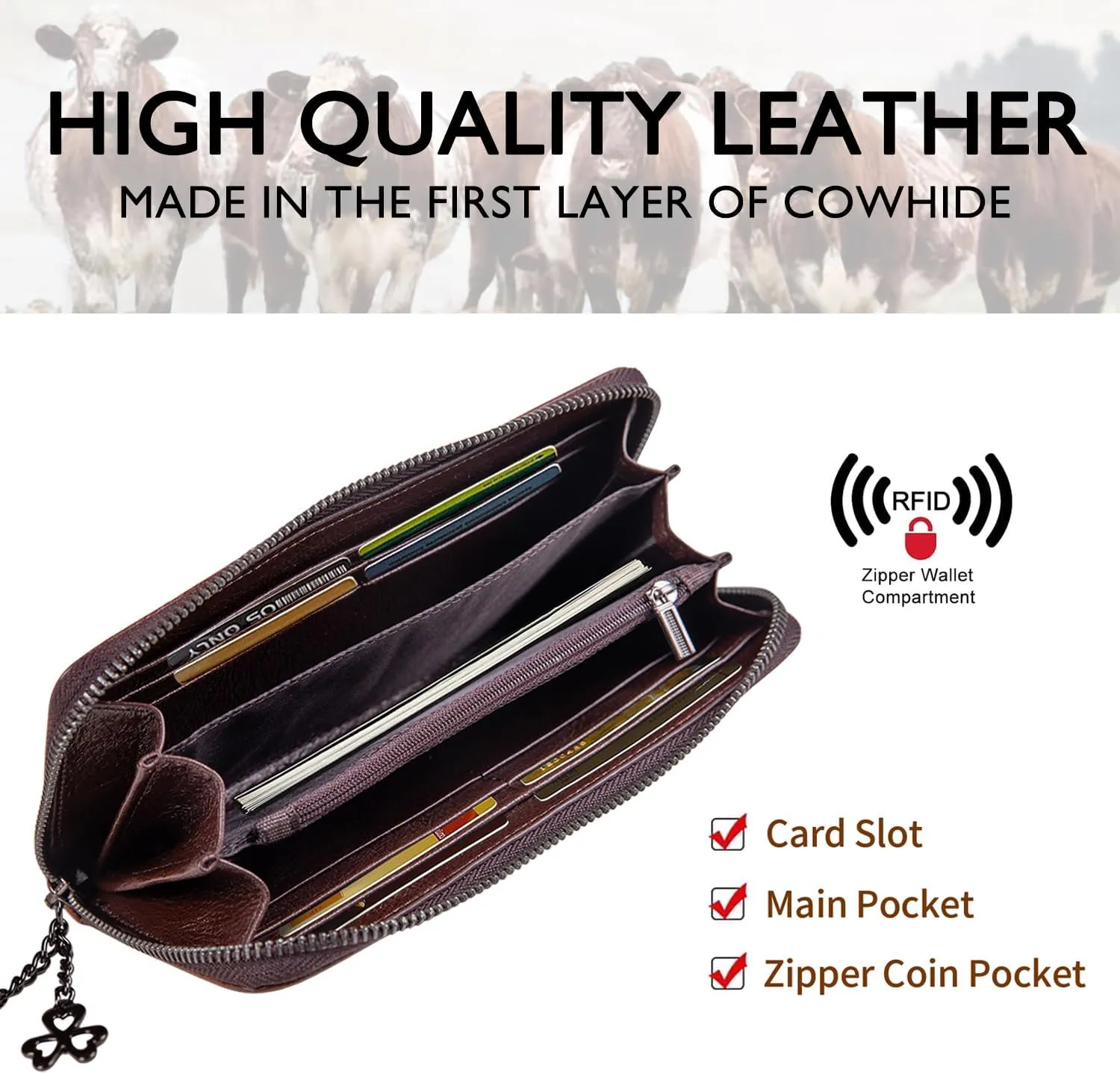 Wallet Genuine Leather for Women - with RFID Blocking Card checkbook ID Slot Large Capacity Vintage style (chrysanthemum black)