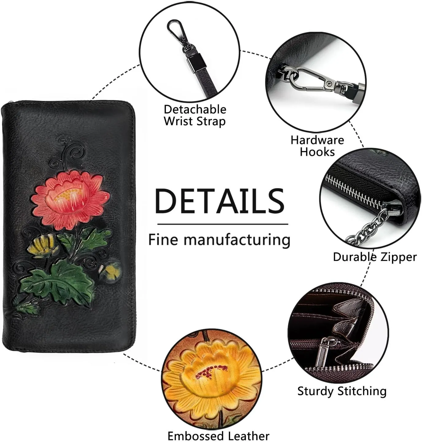 Wallet Genuine Leather for Women - with RFID Blocking Card checkbook ID Slot Large Capacity Vintage style (chrysanthemum black)