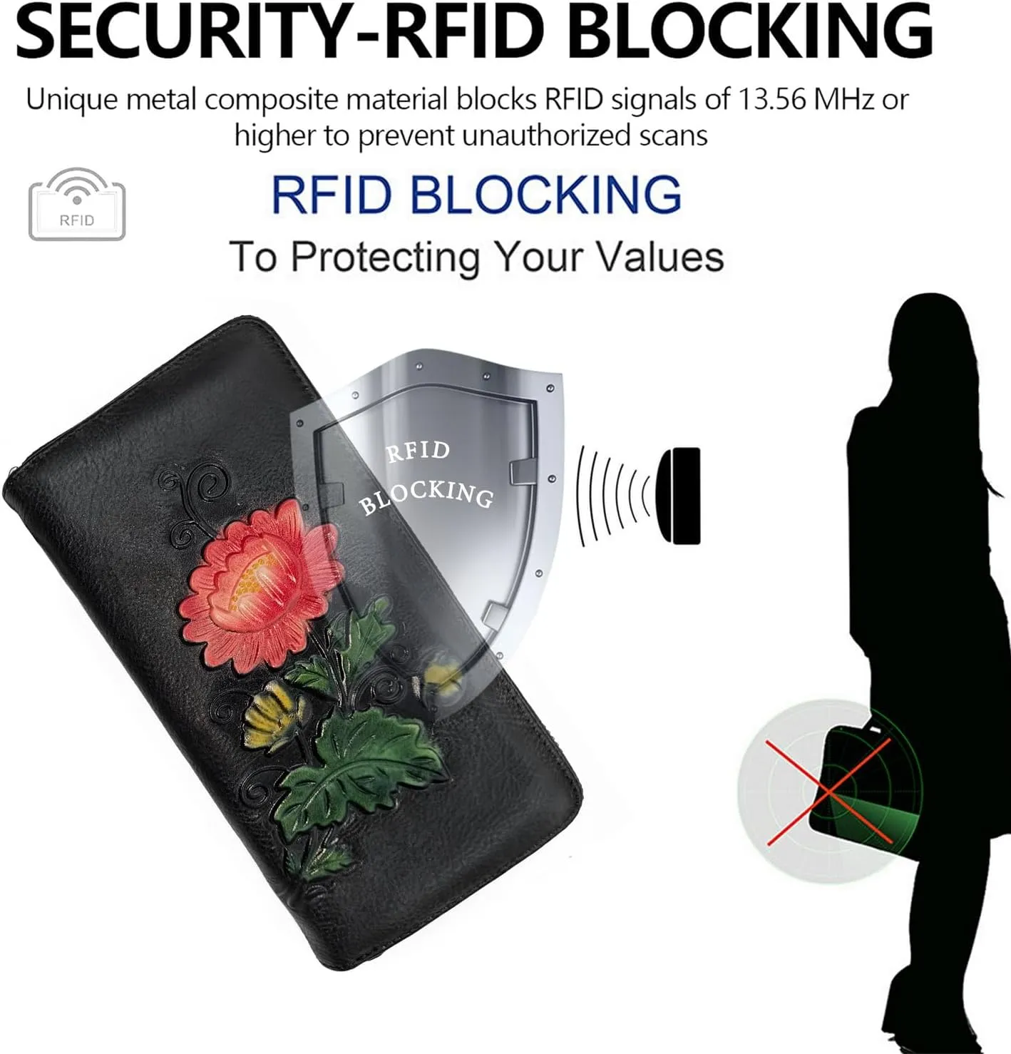 Wallet Genuine Leather for Women - with RFID Blocking Card checkbook ID Slot Large Capacity Vintage style (chrysanthemum black)