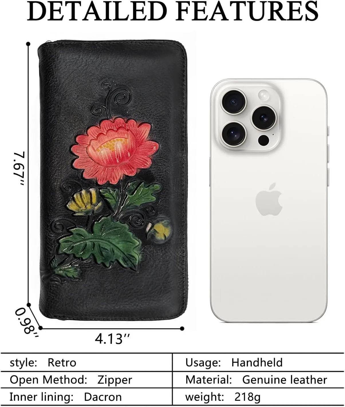 Wallet Genuine Leather for Women - with RFID Blocking Card checkbook ID Slot Large Capacity Vintage style (chrysanthemum black)