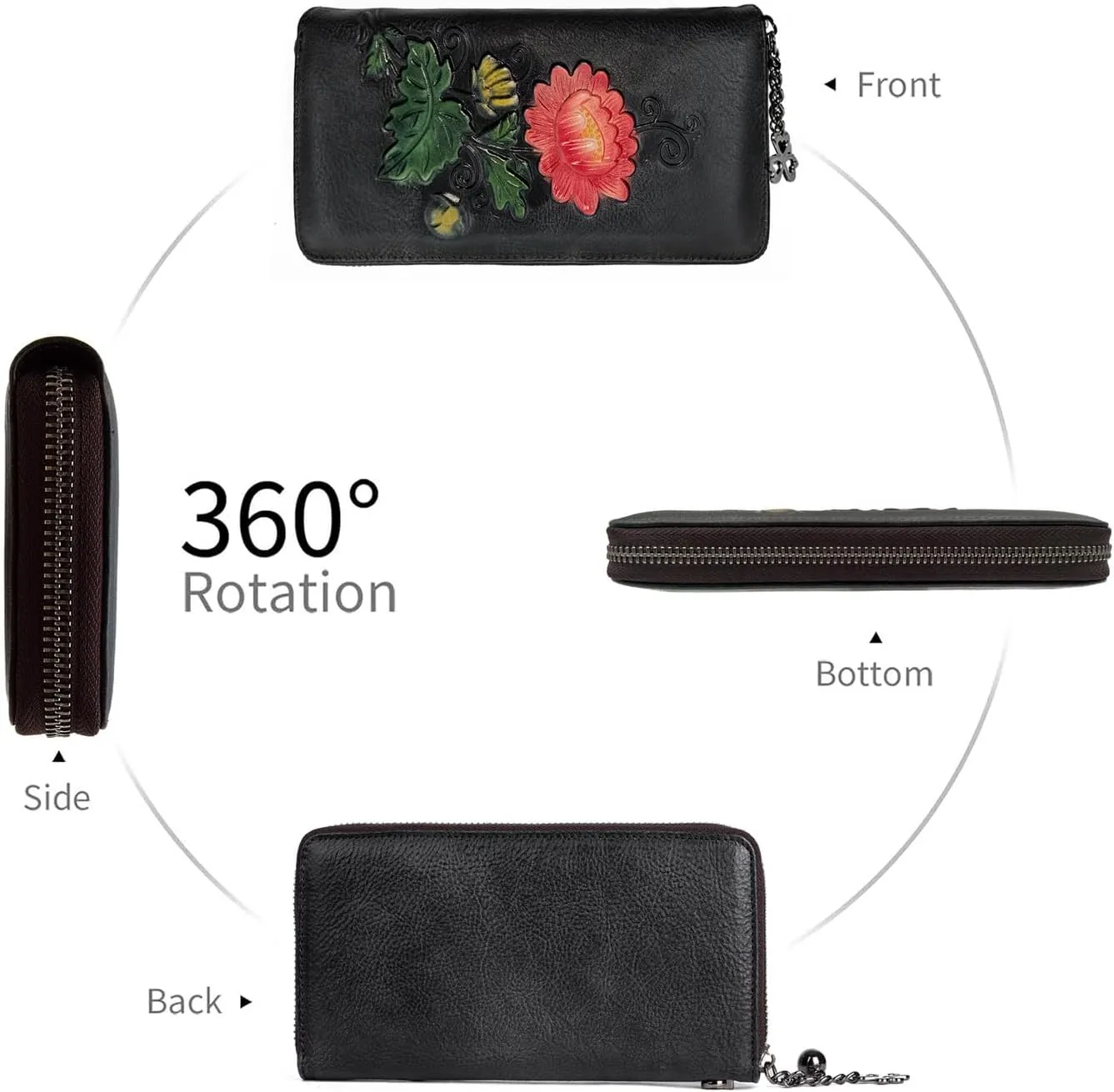 Wallet Genuine Leather for Women - with RFID Blocking Card checkbook ID Slot Large Capacity Vintage style (chrysanthemum black)