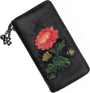 Wallet Genuine Leather for Women - with RFID Blocking Card checkbook ID Slot Large Capacity Vintage style (chrysanthemum black)