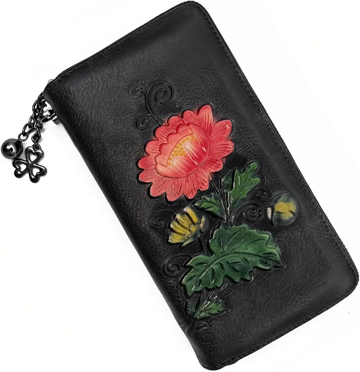 Wallet Genuine Leather for Women - with RFID Blocking Card checkbook ID Slot Large Capacity Vintage style (chrysanthemum black)