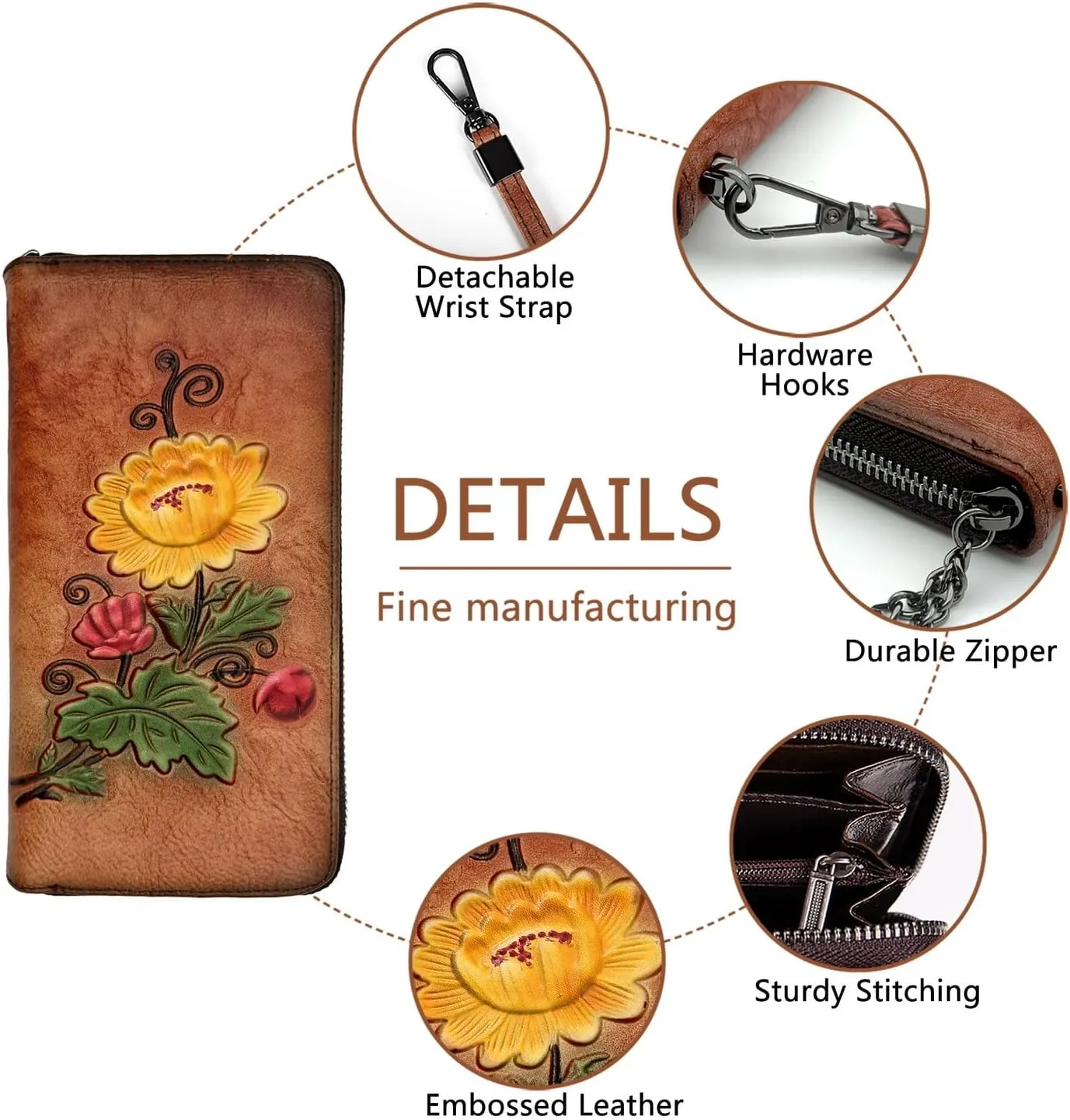 Wallet Genuine Leather for Women - with RFID Blocking Card checkbook ID Slot Large Capacity Vintage style (chrysanthemum brown)
