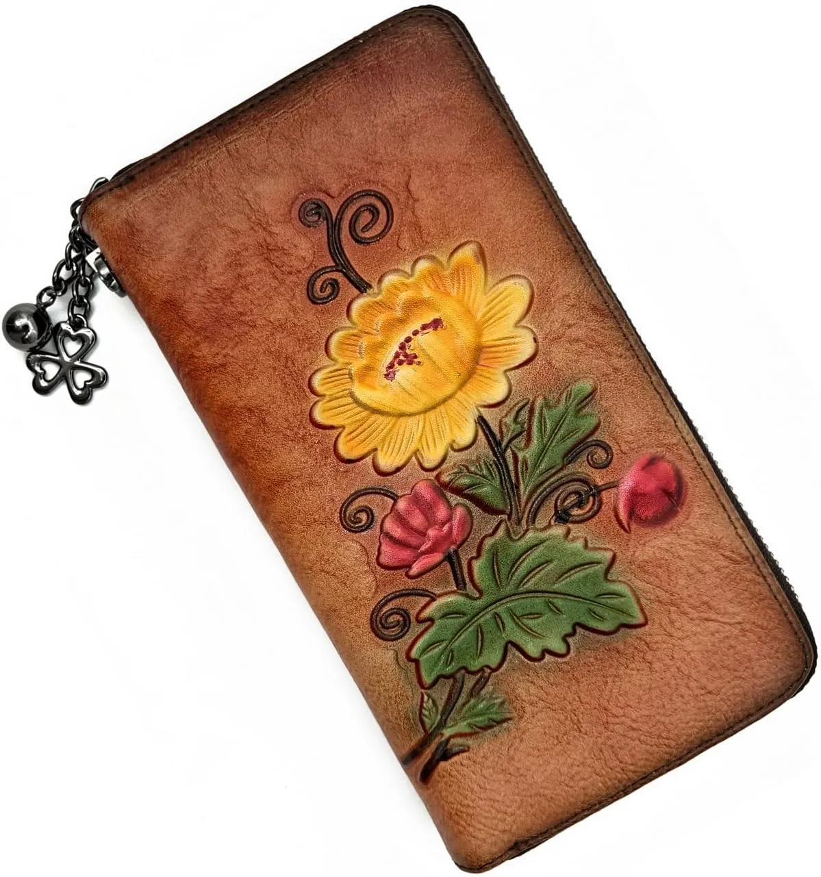 Wallet Genuine Leather for Women - with RFID Blocking Card checkbook ID Slot Large Capacity Vintage style (chrysanthemum brown)