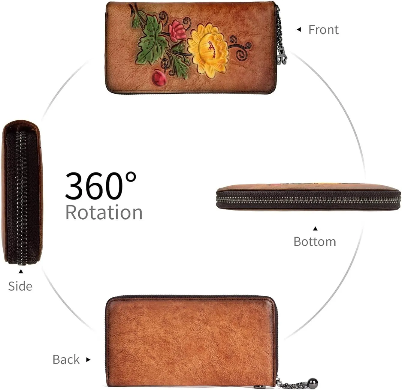 Wallet Genuine Leather for Women - with RFID Blocking Card checkbook ID Slot Large Capacity Vintage style (chrysanthemum brown)