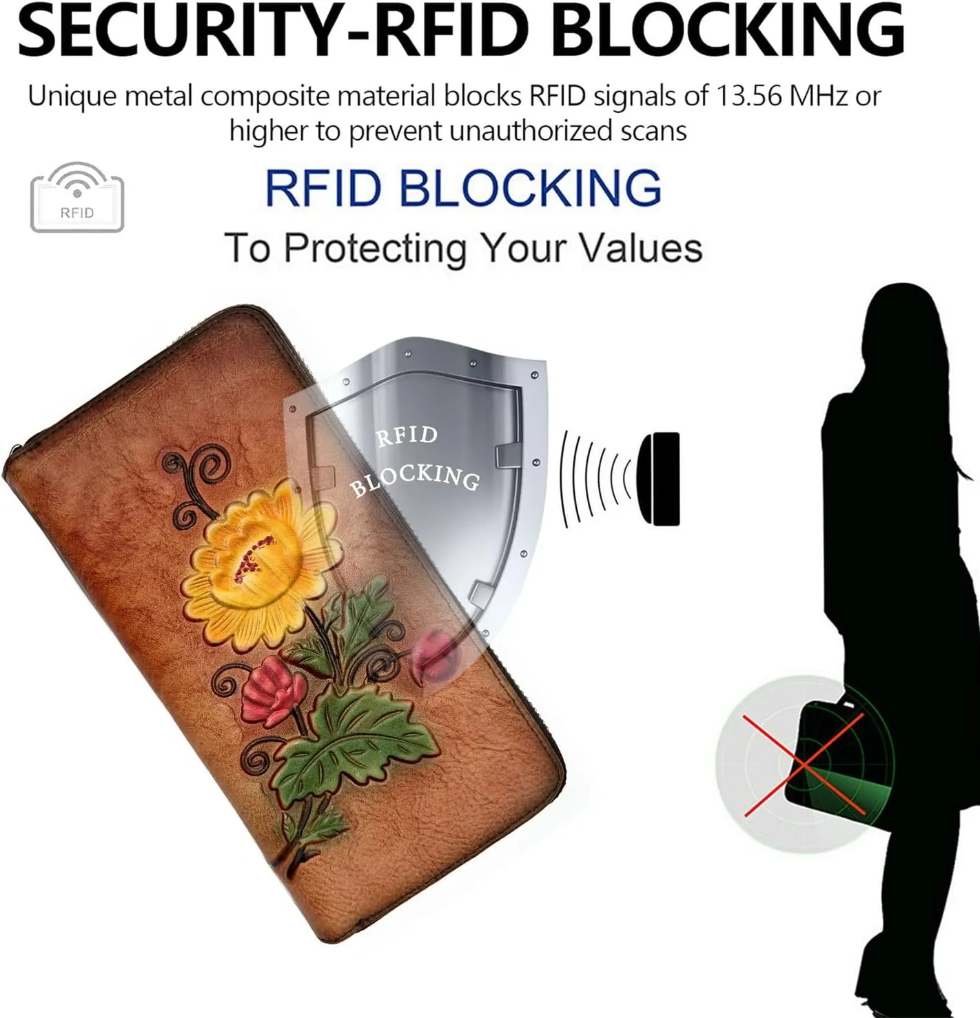 Wallet Genuine Leather for Women - with RFID Blocking Card checkbook ID Slot Large Capacity Vintage style (chrysanthemum brown)