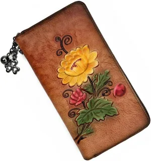 Wallet Genuine Leather for Women - with RFID Blocking Card checkbook ID Slot Large Capacity Vintage style (chrysanthemum brown)