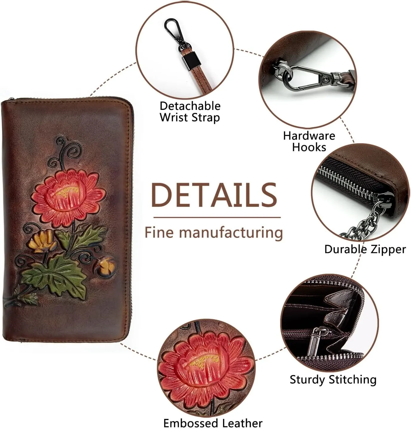 Wallet Genuine Leather for Women - with RFID Blocking Card checkbook ID Slot Large Capacity Vintage style (chrysanthemum coffee)