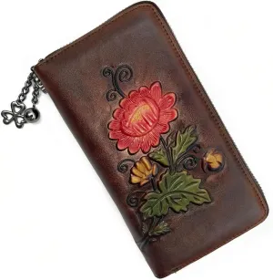 Wallet Genuine Leather for Women - with RFID Blocking Card checkbook ID Slot Large Capacity Vintage style (chrysanthemum coffee)