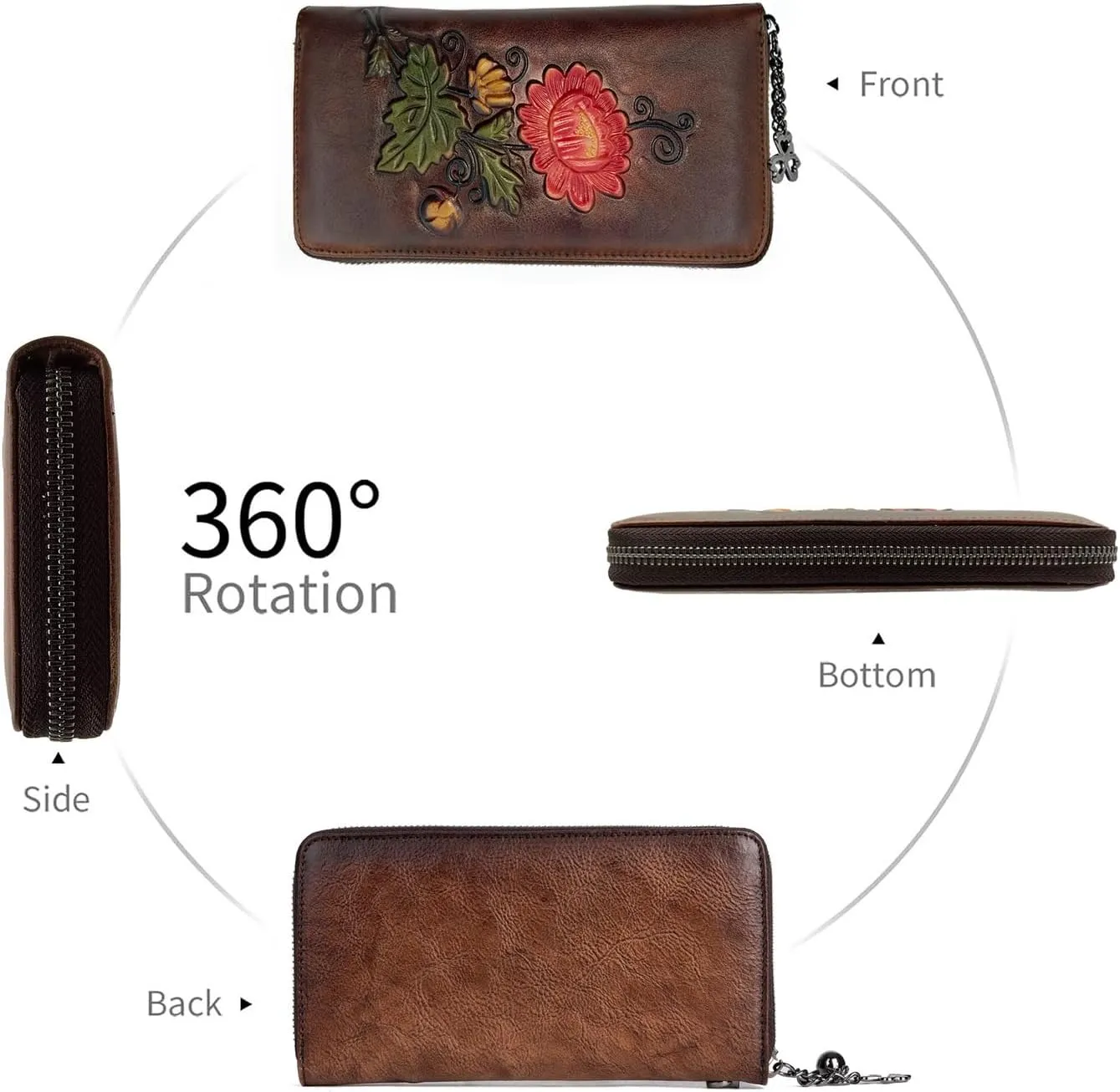 Wallet Genuine Leather for Women - with RFID Blocking Card checkbook ID Slot Large Capacity Vintage style (chrysanthemum coffee)