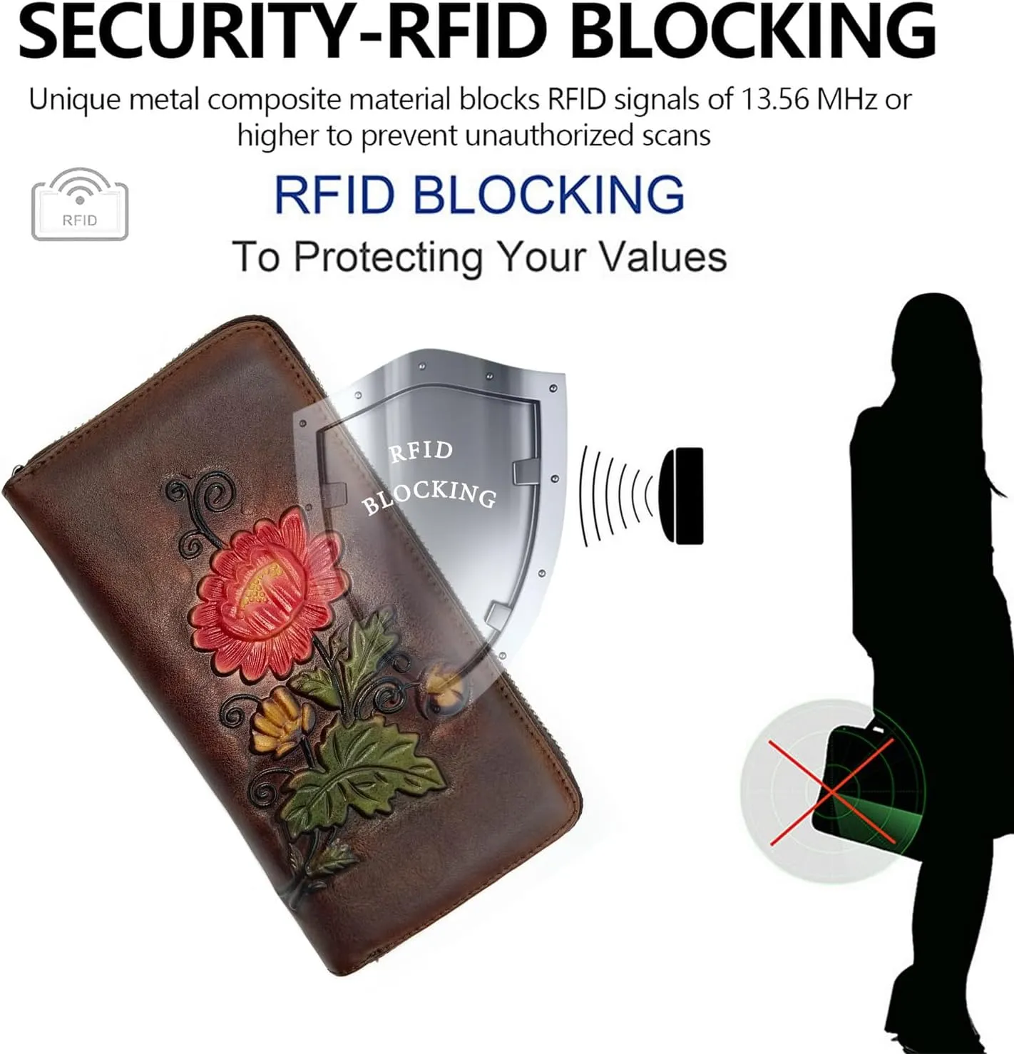 Wallet Genuine Leather for Women - with RFID Blocking Card checkbook ID Slot Large Capacity Vintage style (chrysanthemum coffee)