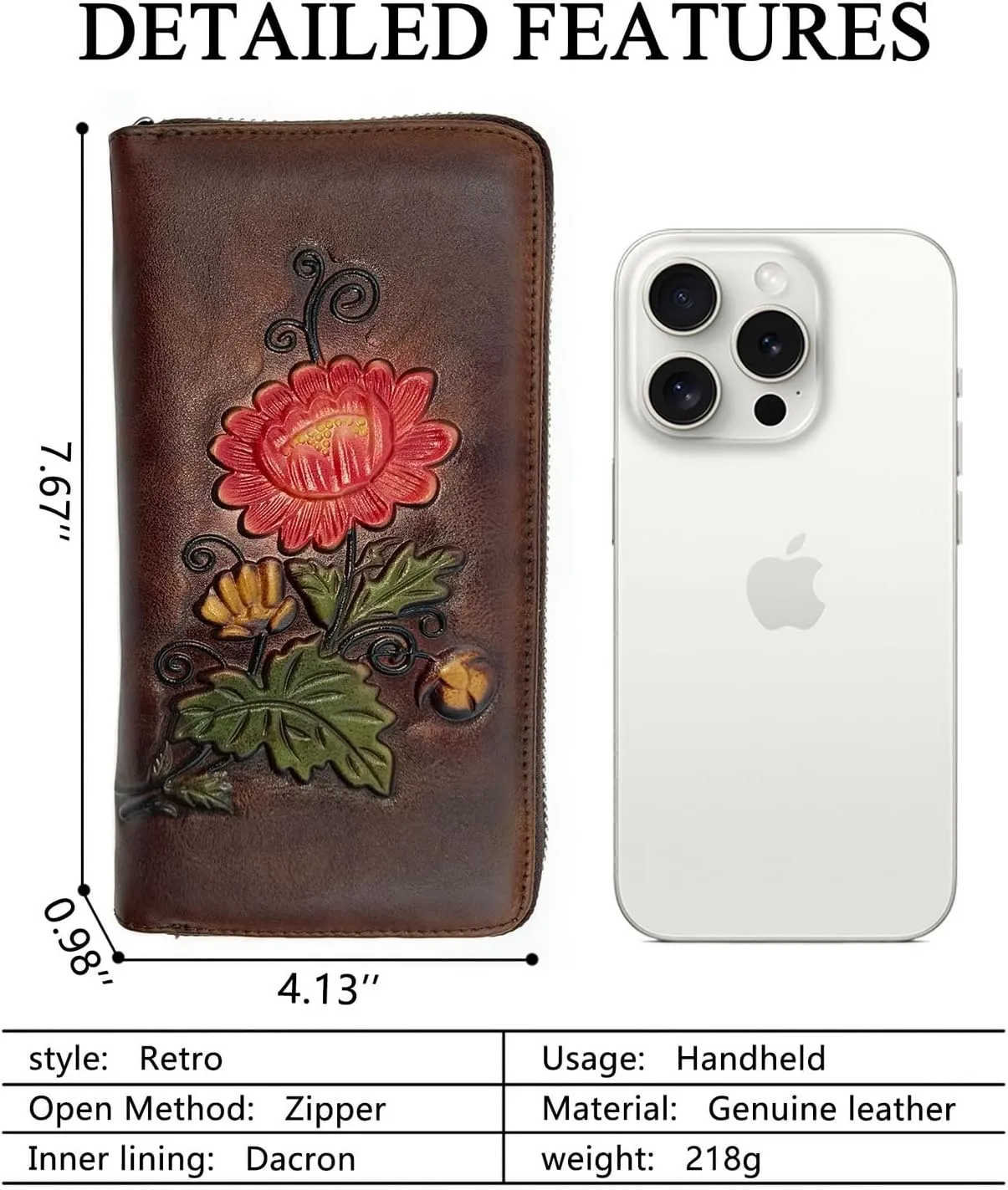 Wallet Genuine Leather for Women - with RFID Blocking Card checkbook ID Slot Large Capacity Vintage style (chrysanthemum coffee)