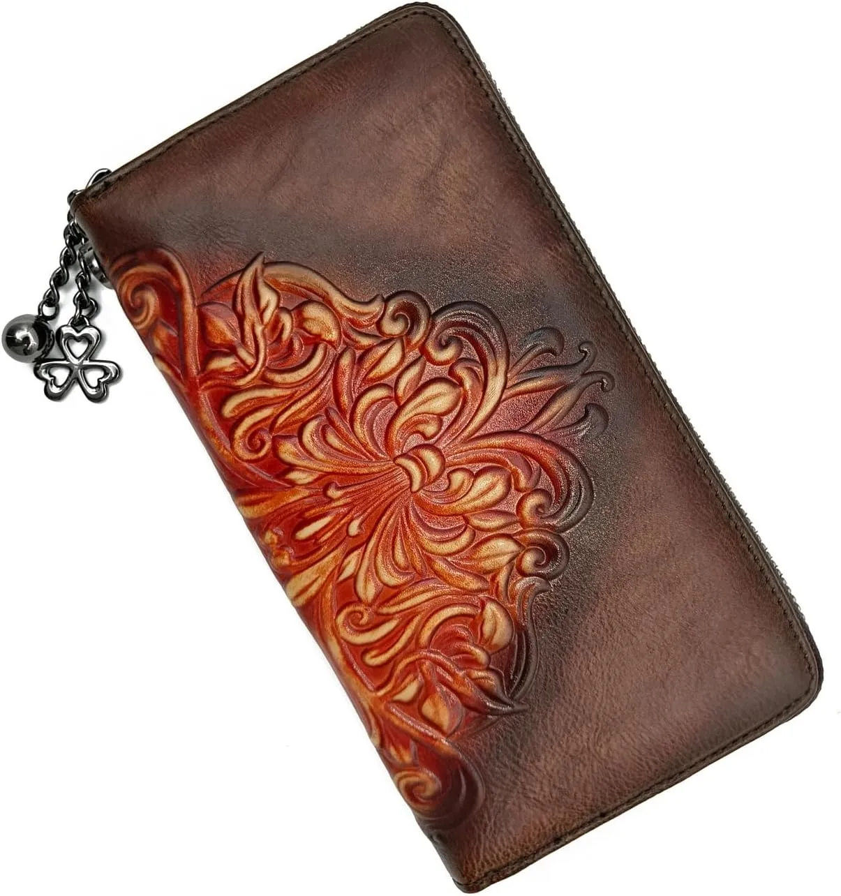 Wallet Genuine Leather for Women - with RFID Blocking Card checkbook ID Slot Large Capacity Vintage style (floral coffee)