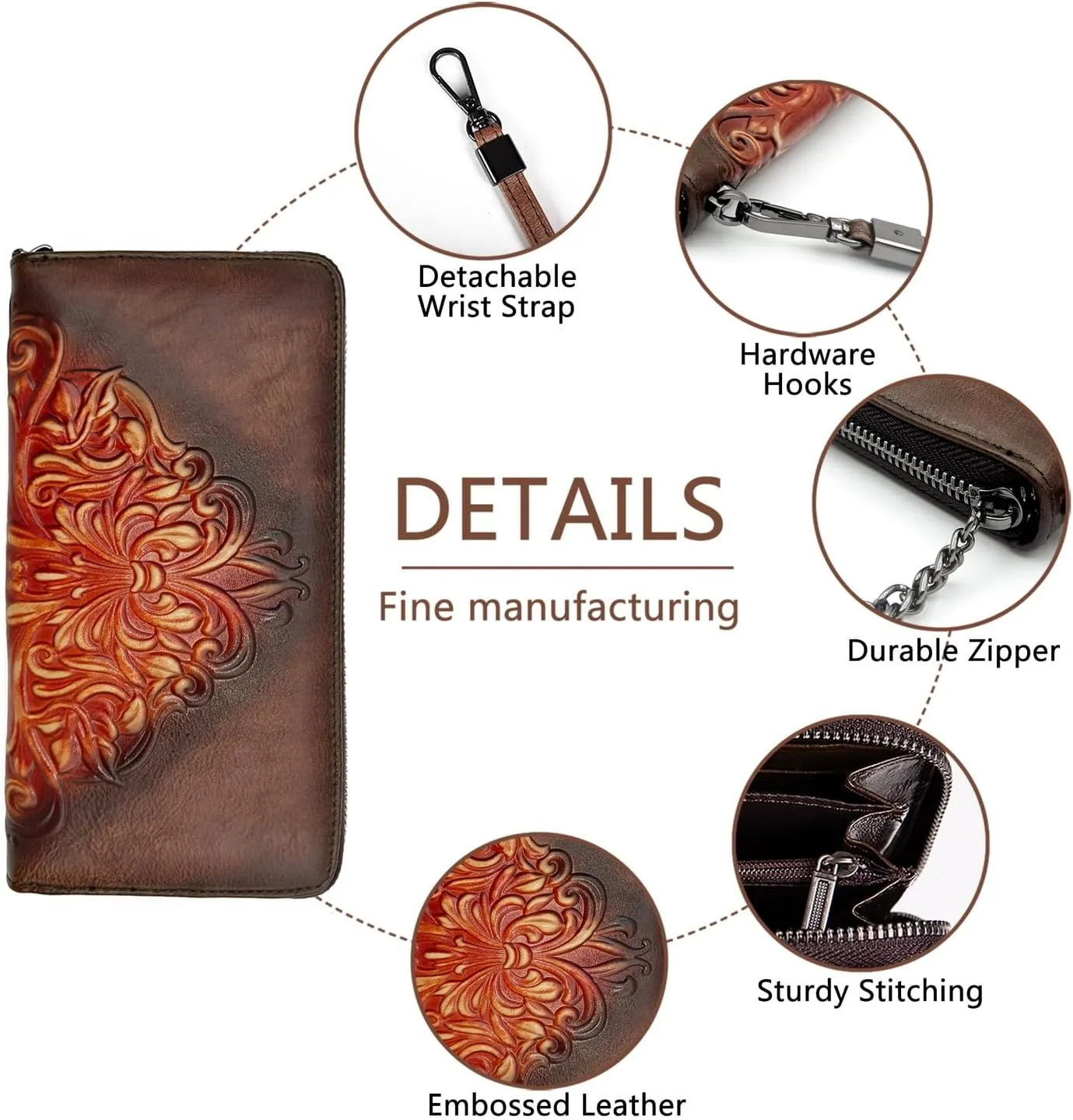 Wallet Genuine Leather for Women - with RFID Blocking Card checkbook ID Slot Large Capacity Vintage style (floral coffee)