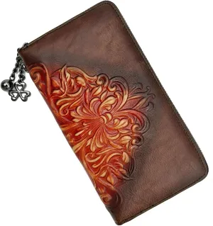 Wallet Genuine Leather for Women - with RFID Blocking Card checkbook ID Slot Large Capacity Vintage style (floral coffee)