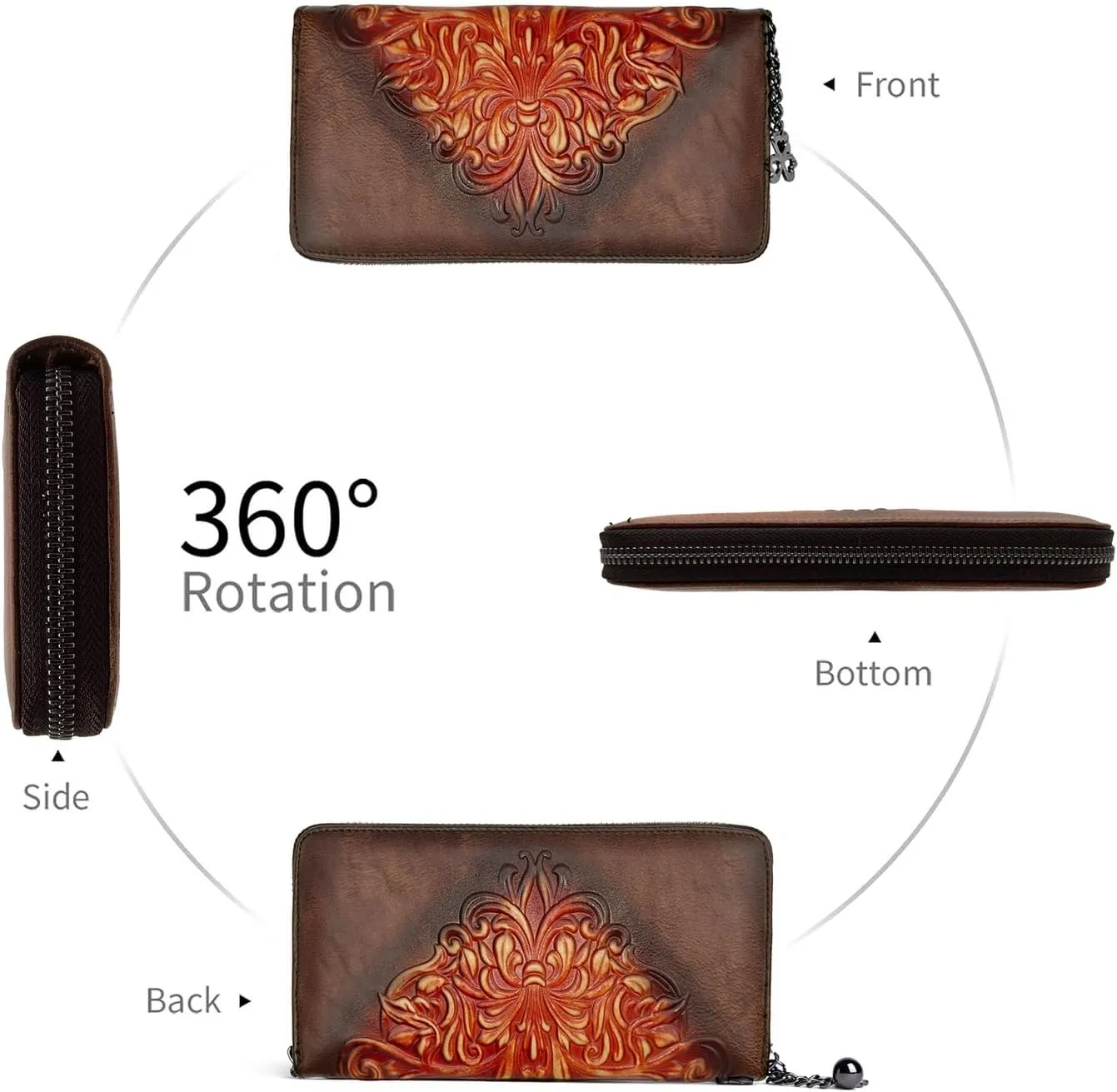 Wallet Genuine Leather for Women - with RFID Blocking Card checkbook ID Slot Large Capacity Vintage style (floral coffee)