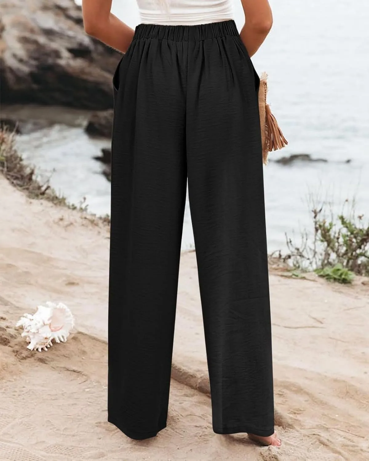 Wide Leg Pants for Women High Waist Solid Color Casual Trousers Comfy Workout Button Pants with Pockets