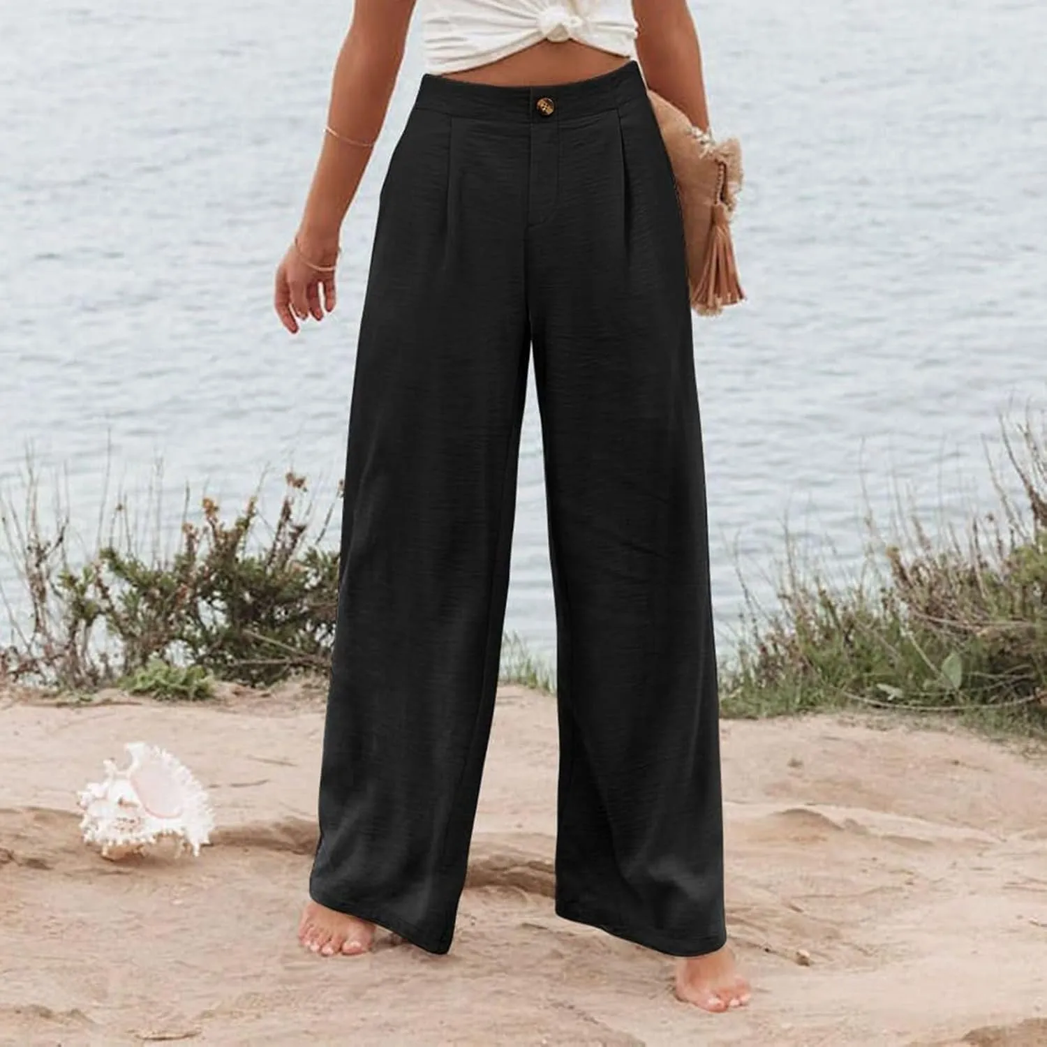 Wide Leg Pants for Women High Waist Solid Color Casual Trousers Comfy Workout Button Pants with Pockets