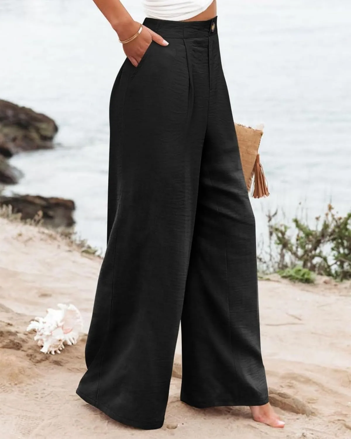 Wide Leg Pants for Women High Waist Solid Color Casual Trousers Comfy Workout Button Pants with Pockets