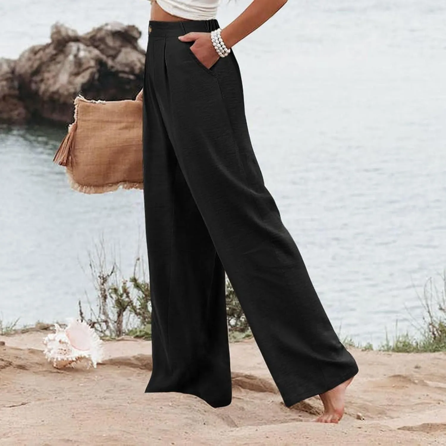 Wide Leg Pants for Women High Waist Solid Color Casual Trousers Comfy Workout Button Pants with Pockets
