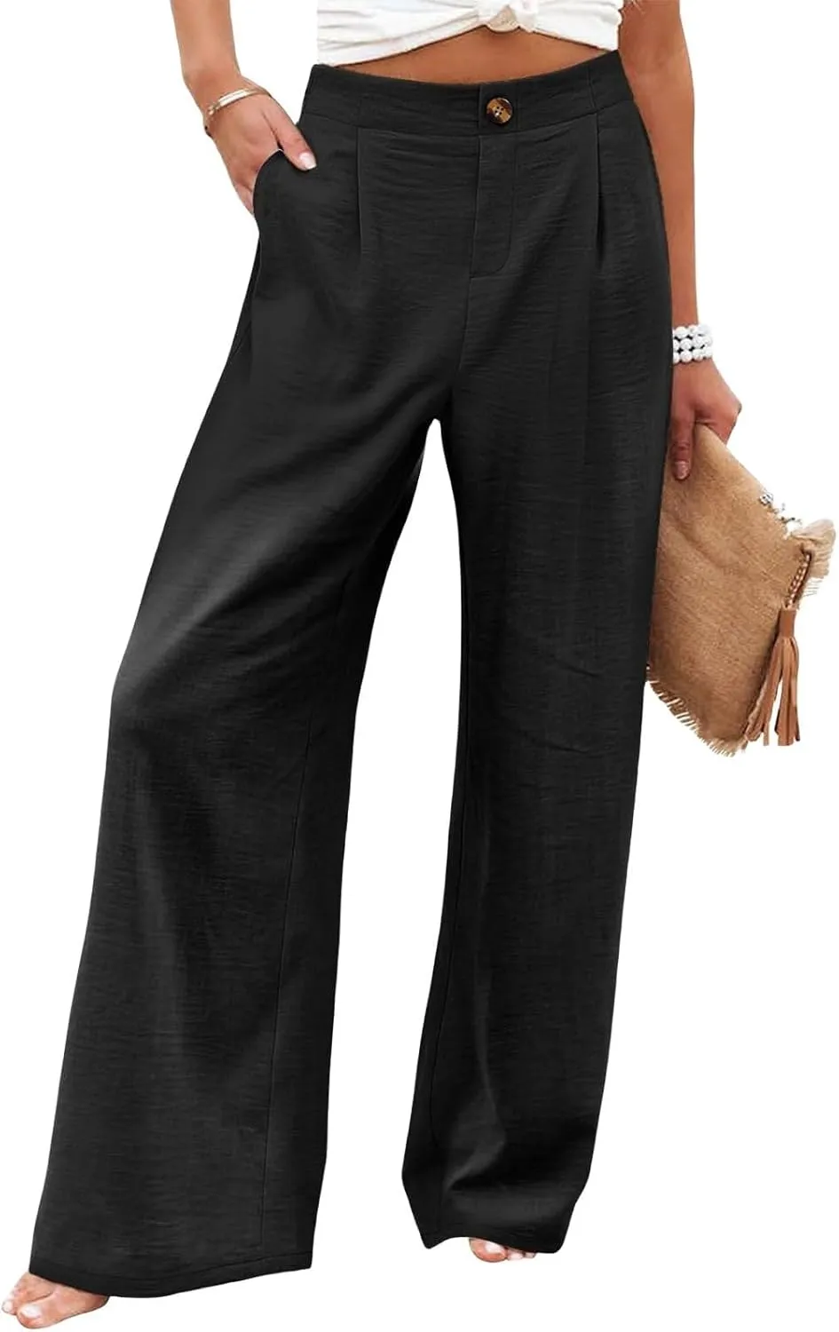 Wide Leg Pants for Women High Waist Solid Color Casual Trousers Comfy Workout Button Pants with Pockets