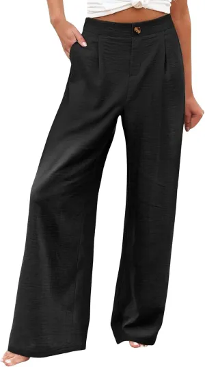 Wide Leg Pants for Women High Waist Solid Color Casual Trousers Comfy Workout Button Pants with Pockets