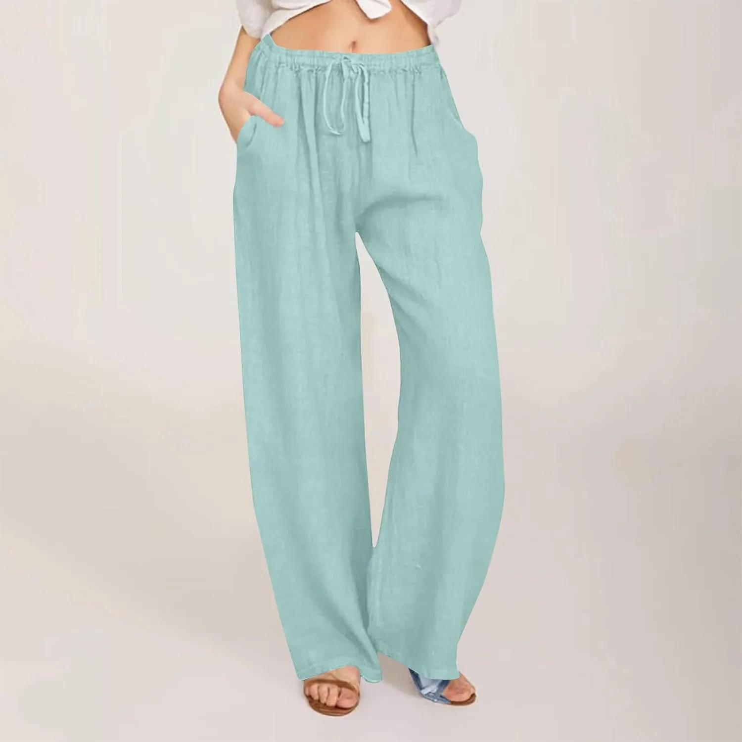 Wide Leg Pants for Women Summer Lightweight Cotton Linen Beach Trousers Lightweight Flowy Palazzo Pants with Pockets