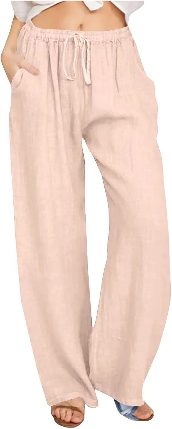 Wide Leg Pants for Women Summer Lightweight Cotton Linen Beach Trousers Lightweight Flowy Palazzo Pants with Pockets