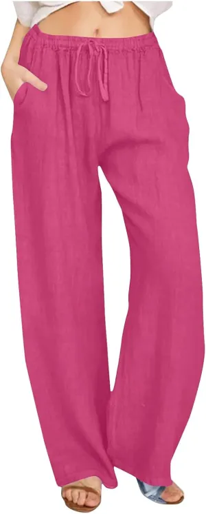 Wide Leg Pants for Women Summer Lightweight Cotton Linen Beach Trousers Lightweight Flowy Palazzo Pants with Pockets