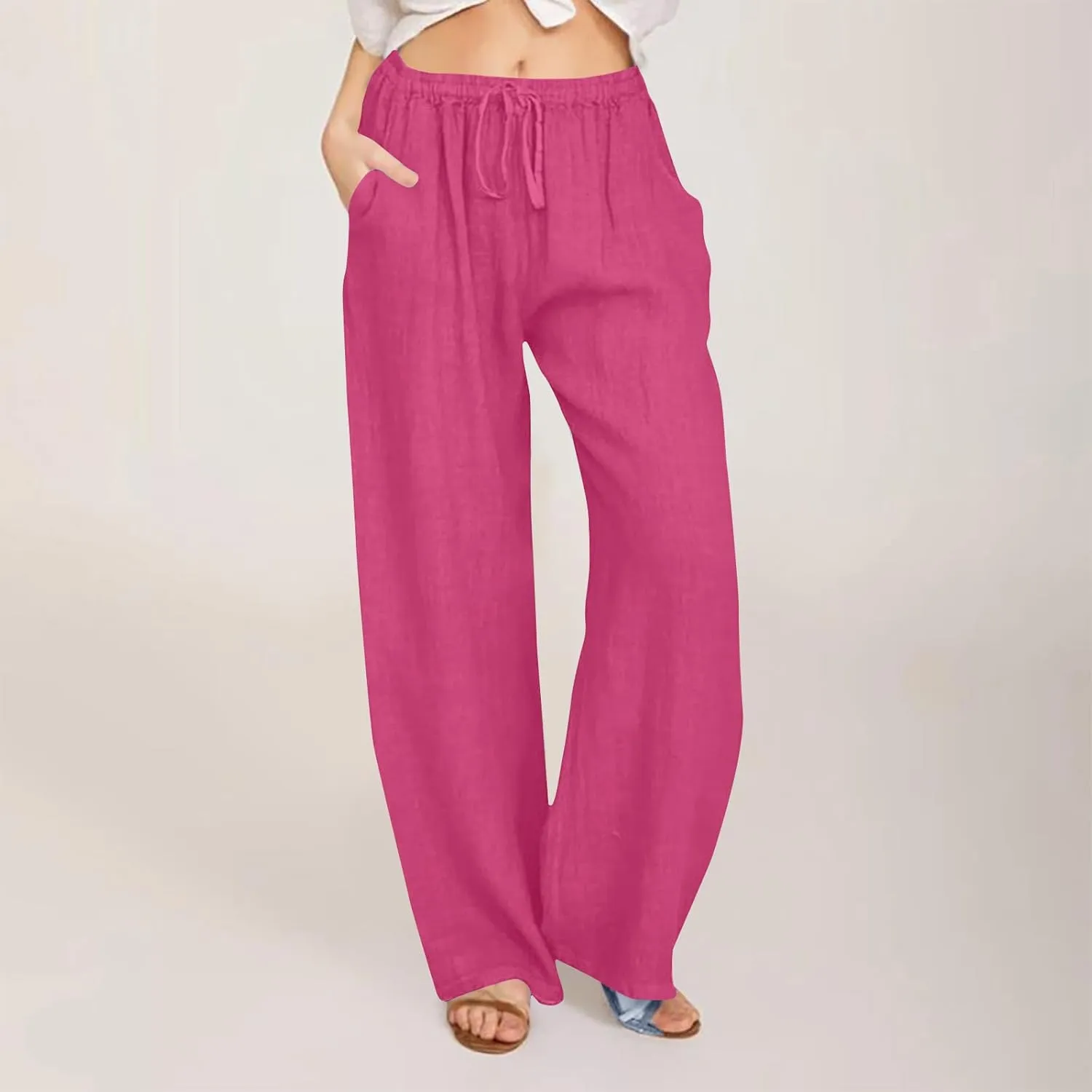 Wide Leg Pants for Women Summer Lightweight Cotton Linen Beach Trousers Lightweight Flowy Palazzo Pants with Pockets