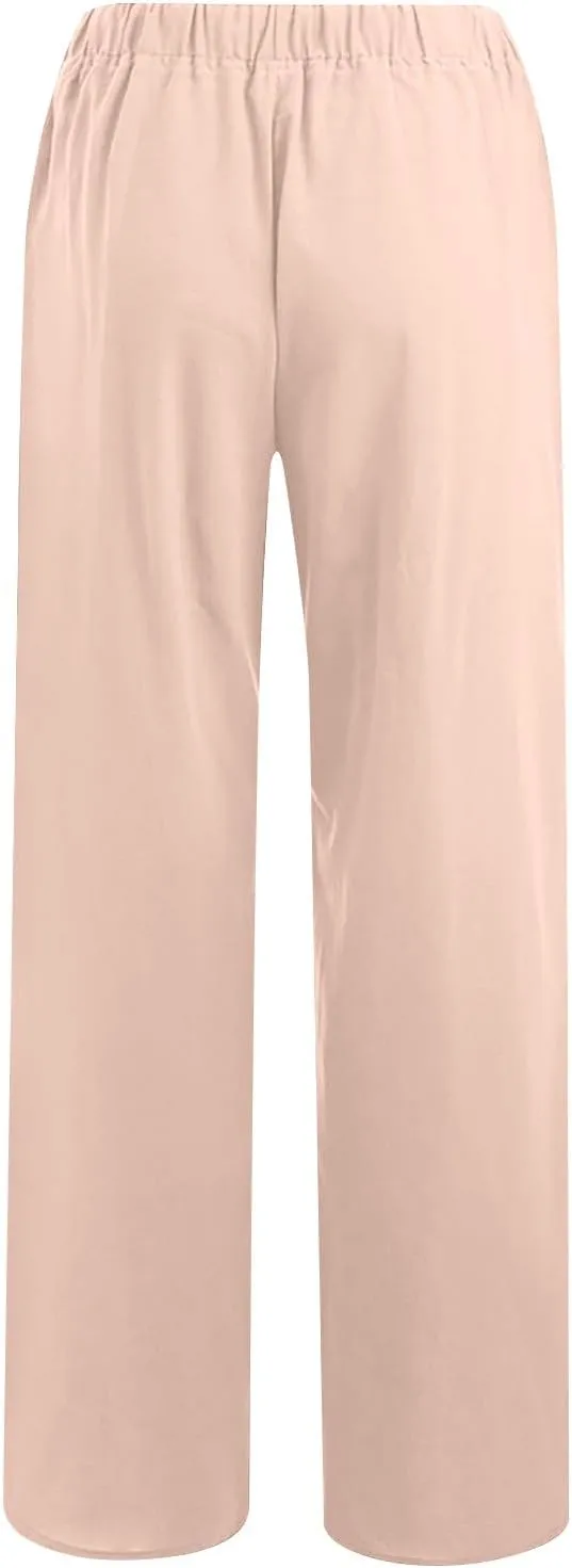 Wide Leg Pants for Women Summer Lightweight Cotton Linen Beach Trousers Lightweight Flowy Palazzo Pants with Pockets
