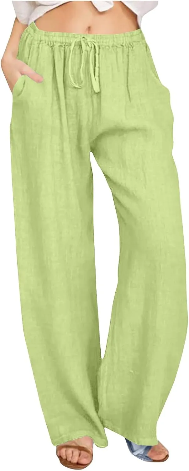 Wide Leg Pants for Women Summer Lightweight Cotton Linen Beach Trousers Lightweight Flowy Palazzo Pants with Pockets