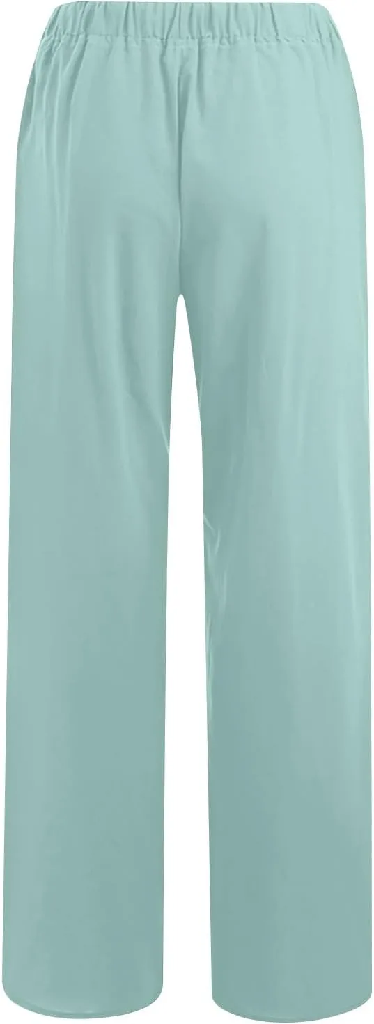 Wide Leg Pants for Women Summer Lightweight Cotton Linen Beach Trousers Lightweight Flowy Palazzo Pants with Pockets