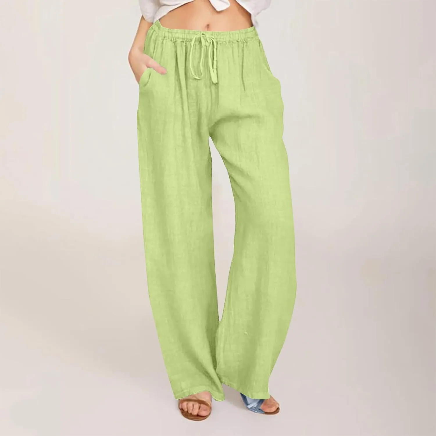 Wide Leg Pants for Women Summer Lightweight Cotton Linen Beach Trousers Lightweight Flowy Palazzo Pants with Pockets