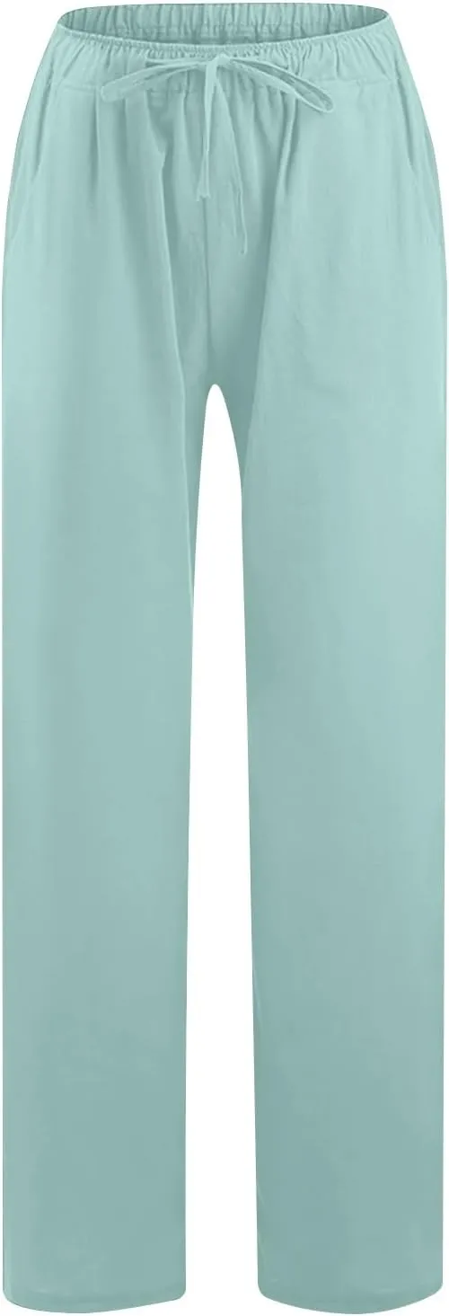 Wide Leg Pants for Women Summer Lightweight Cotton Linen Beach Trousers Lightweight Flowy Palazzo Pants with Pockets