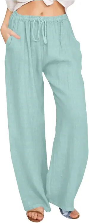 Wide Leg Pants for Women Summer Lightweight Cotton Linen Beach Trousers Lightweight Flowy Palazzo Pants with Pockets