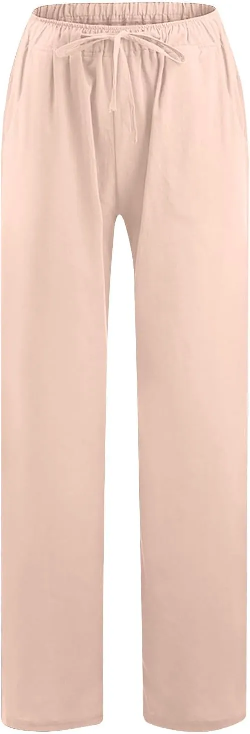 Wide Leg Pants for Women Summer Lightweight Cotton Linen Beach Trousers Lightweight Flowy Palazzo Pants with Pockets