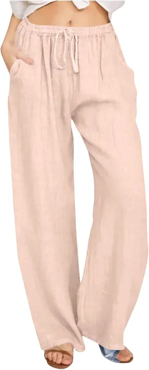 Wide Leg Pants for Women Summer Lightweight Cotton Linen Beach Trousers Lightweight Flowy Palazzo Pants with Pockets