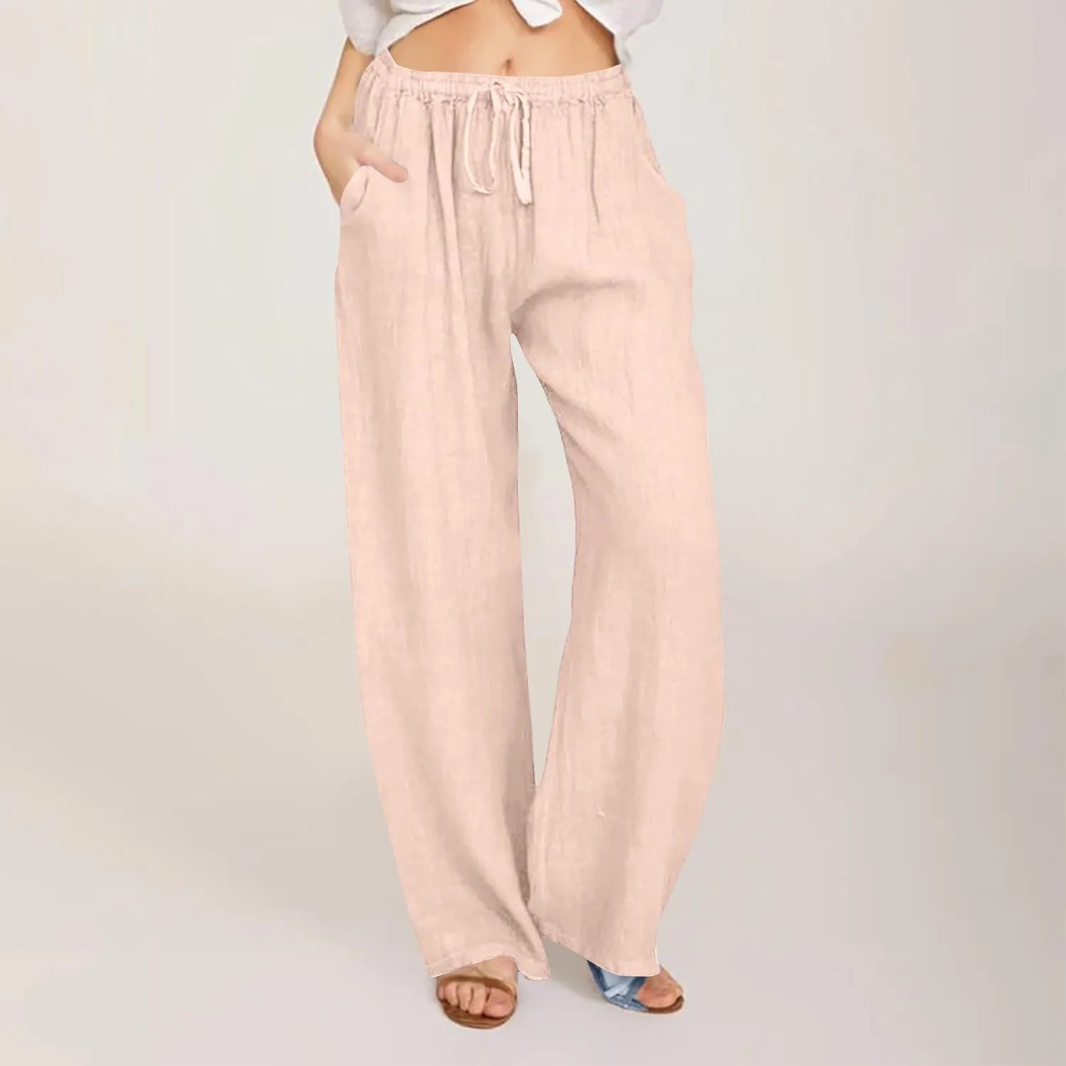 Wide Leg Pants for Women Summer Lightweight Cotton Linen Beach Trousers Lightweight Flowy Palazzo Pants with Pockets