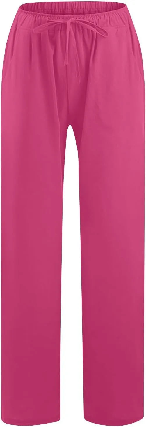 Wide Leg Pants for Women Summer Lightweight Cotton Linen Beach Trousers Lightweight Flowy Palazzo Pants with Pockets