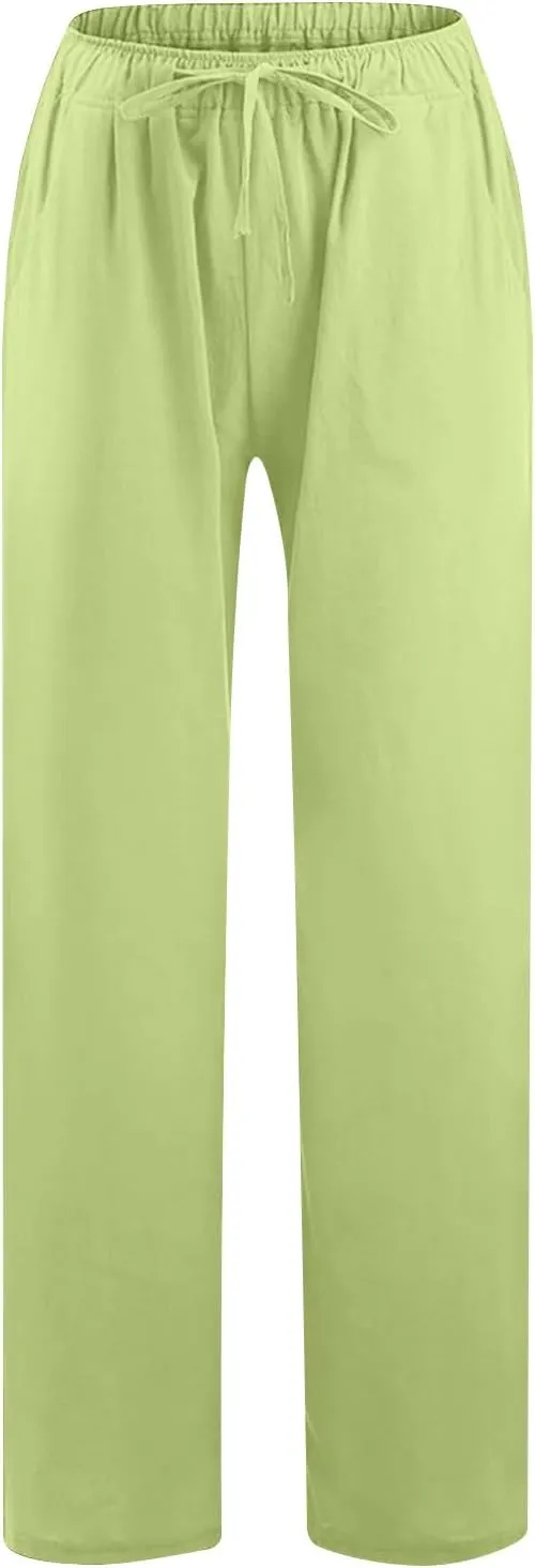 Wide Leg Pants for Women Summer Lightweight Cotton Linen Beach Trousers Lightweight Flowy Palazzo Pants with Pockets