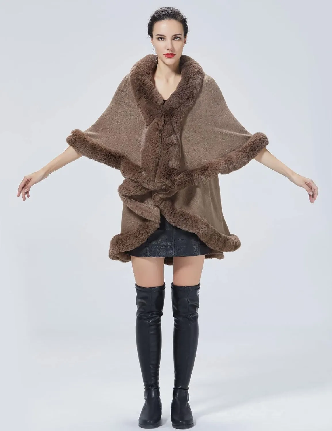 Winter Poncho Shawl Wrap Women Cape Faux Fur Trim Coat Sleeveless Cardigan Dressy Cloak
