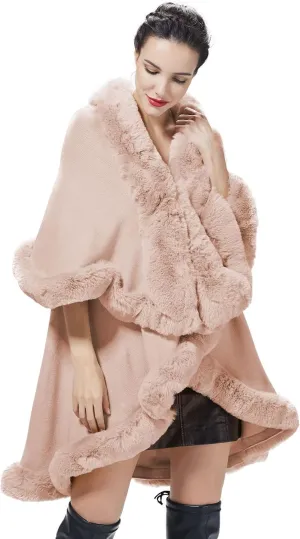 Winter Poncho Shawl Wrap Women Cape Faux Fur Trim Coat Sleeveless Cardigan Dressy Cloak