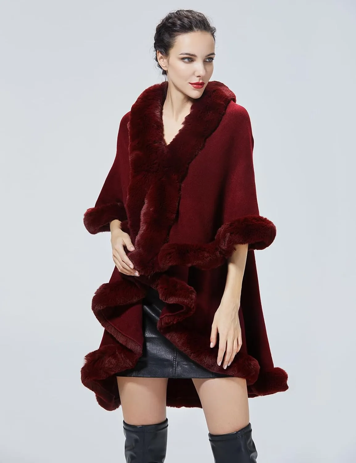 Winter Poncho Shawl Wrap Women Cape Faux Fur Trim Coat Sleeveless Cardigan Dressy Cloak