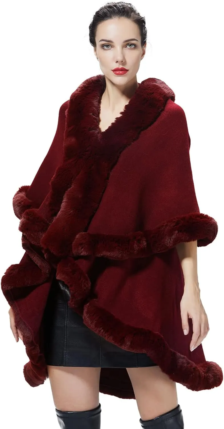 Winter Poncho Shawl Wrap Women Cape Faux Fur Trim Coat Sleeveless Cardigan Dressy Cloak