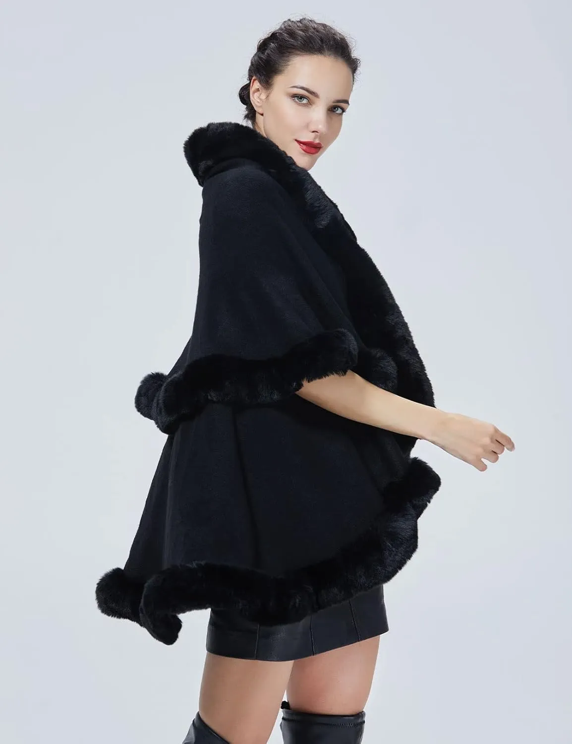Winter Poncho Shawl Wrap Women Cape Faux Fur Trim Coat Sleeveless Cardigan Dressy Cloak